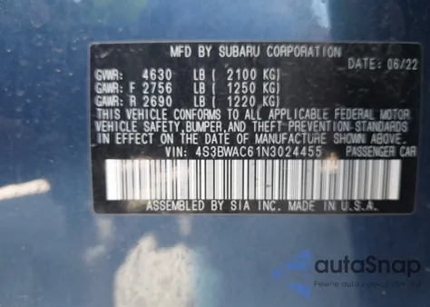 2022 Subaru Legacy Premium z USA, uszkodzony, nr VIN 4S3BWAC61N3024455